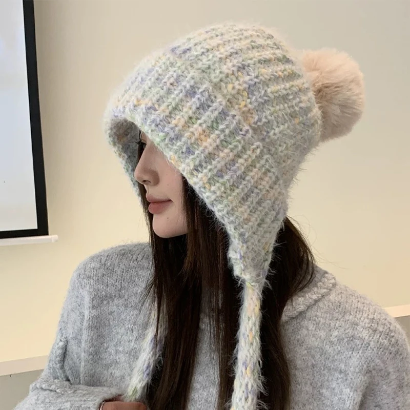 Осенне-зимние новые женские однотонные вязаные шапки с ремешками для волос