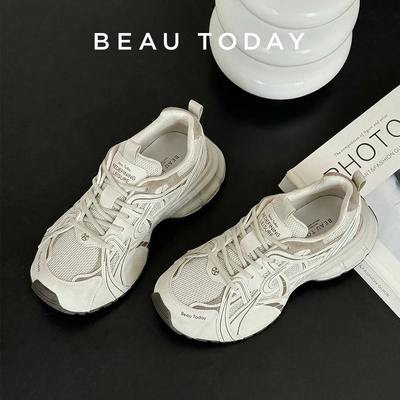 Фото BEAUTODAY Женские кроссовки Chunky из спилковой кожи, разноцветные, на шнуровке, модные повседневные туфли ручной работы 29A91 №1