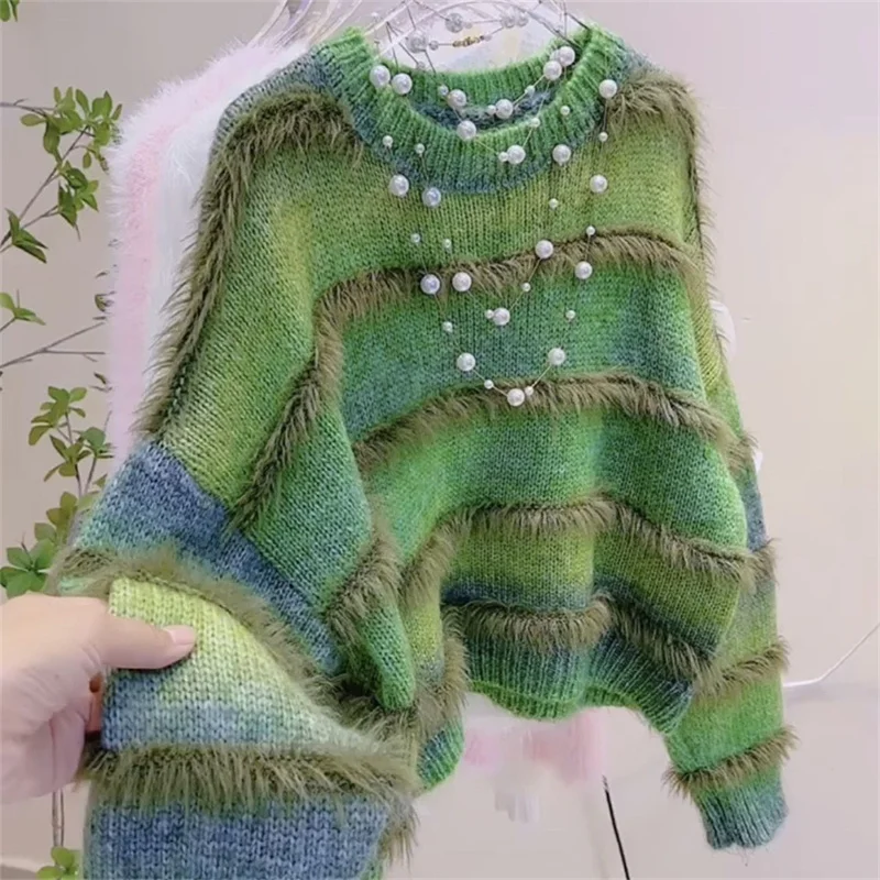 Мягкий липкий постепенно меняющий цвет свитер с бахромой для женщин осень и зима
