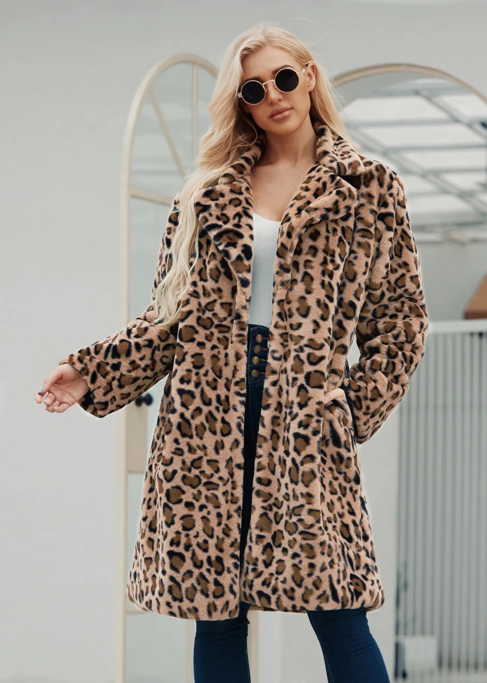 2022 Fashion long leopard print suit collar imitation fur coat women's casual coat autumn and winter new style