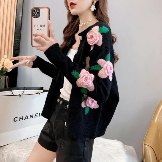 

3D Flower Knitting Girl Black Women Blouse Shirt Woman Sweater Cardigan Knit Tops Tight Women's Sweaters Top Coat Cloth Suétere