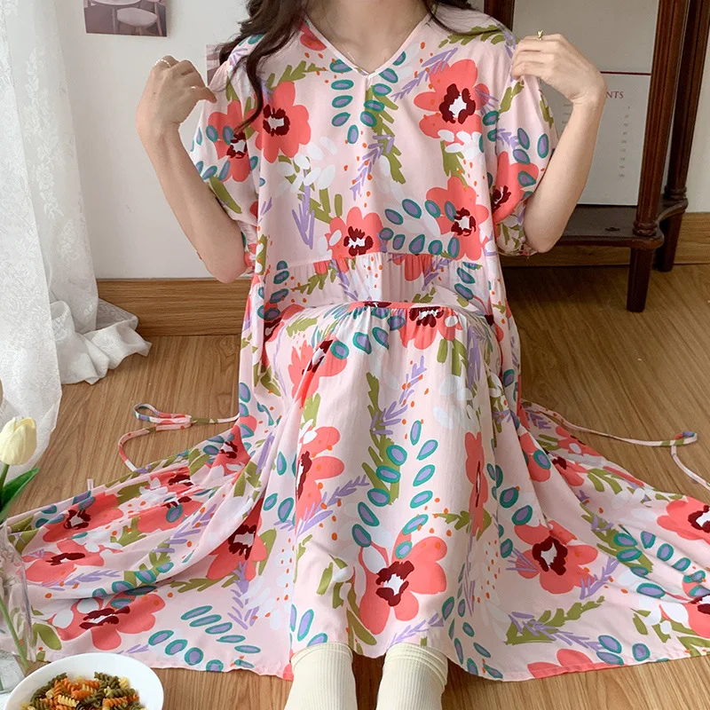 Night Dress Women Nightdress Summer Light Cotton Silk Pajamas Home Clothes Fat MM Loose Can Outside Nightdress Girl 100KG