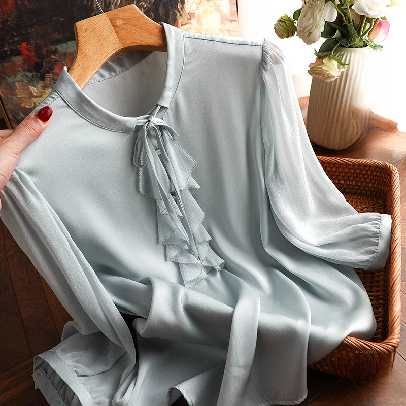 

YCMYUNYAN Silk Women's Shirts Chinese Style Solid Blouses Ladies Clothing Summer 2023 Loose Short Sleeves Ruffle Satin Tops