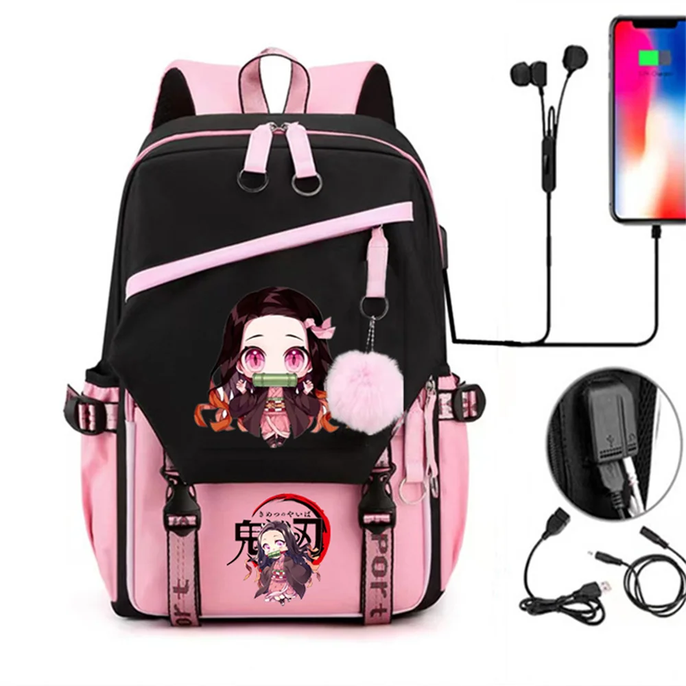 

Girls Anime Demon Slayer Backpack USB Charge Teenager Travel Casual Nezuko Figures School Bags Notebook Backpack Children Bags