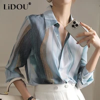 spring autumn korean gradient patchwork elegant fashion chiffon shirts casual office lady blouses femme long sleeve top women