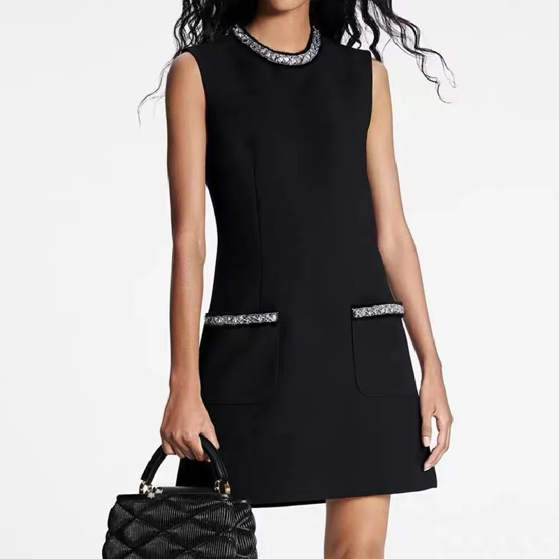 

Brand design sleeveless dress summer new classic double pocket round neck heavy industry nail bead dress mini dress maxi dress