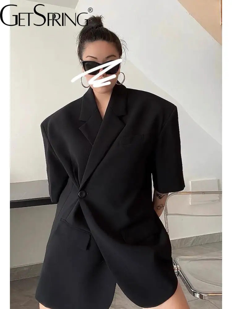 

GetSpring Women Blazer Single Button Half Sleeve Ladies Suit Coat Retro Loose Long Suit Jacket Fashion Black Blazer Dress 2022