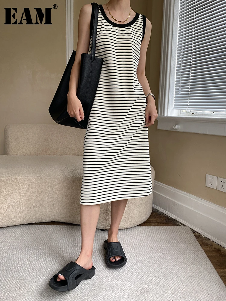 

Женское длинное платье в черно-белую полоску [EAM], повседневное свободное платье с круглым вырезом без рукавов, весна-лето 2023 1DF8019