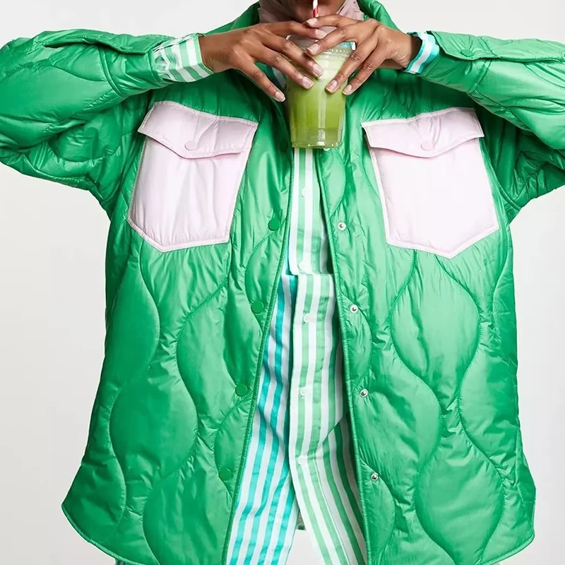 Ardm Casual Quilted Contrasting Colors Cotton Coats Streetwear Long Sleeve With Pockets Winter Jacket Women 2022 Outerwear Tops