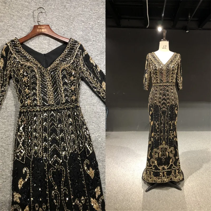 

100%Real Pictures Black Tulle Gold Beads V-neck Half Sleeves Mermaid Long Party Prom Dress Dance Dress Bridal Evening Dresses