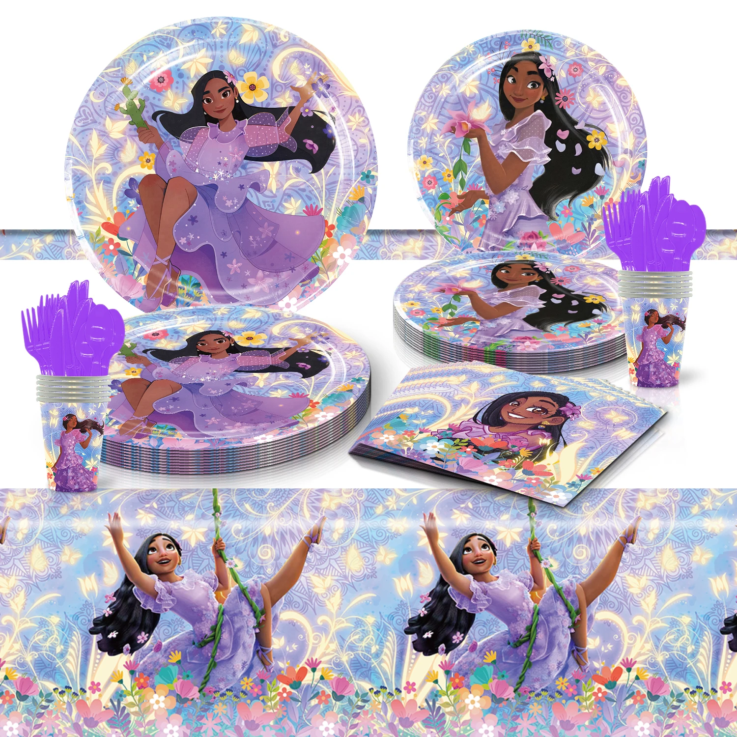 

New Disney Encanto Isabella Birthday Party Supplies Disposable Tableware Cup Plate Napkin Banner Balloons Cake Topper Decoration