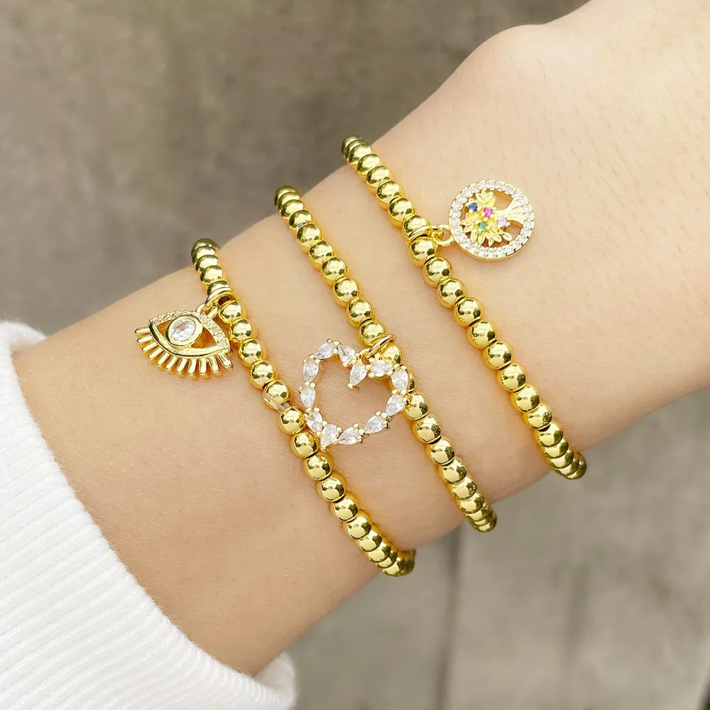 

Vlen Gold Plated Beaded Bracelet Zircon Evil Eye Heart Life Tree CZ Charm Bracelets for Women Jewelry