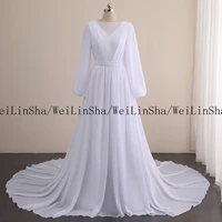 welinsha chiffon wedding dresses chic white boat neck chapel train bridal gowns 2022 new real shot elegant womens dress robe