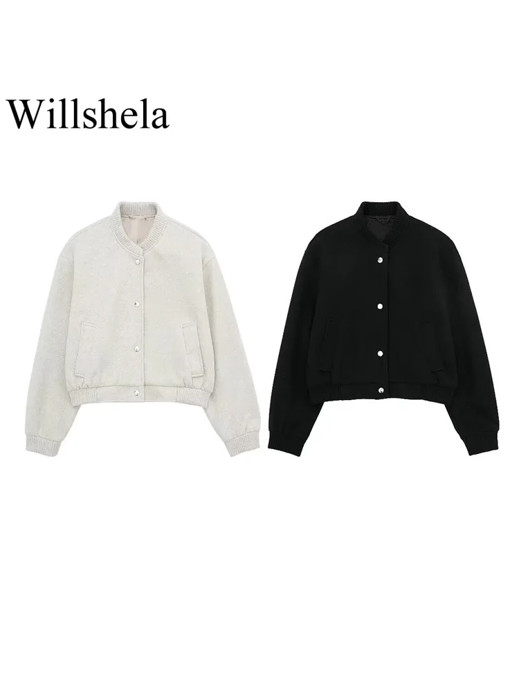 

Willshela Women Fashion Solid Single Breasted Bomber Jackets Vintage O-Neck Long Sleeves Female Chic Lady Outfits
