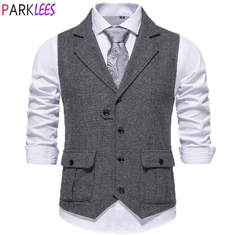 

Gray Mens Gentleman Herringbone Tweed Suit Ves Notched Lapel Slim Fit Sleeveless Waistcoat Mens Business Formal Gilet Homme 2XL