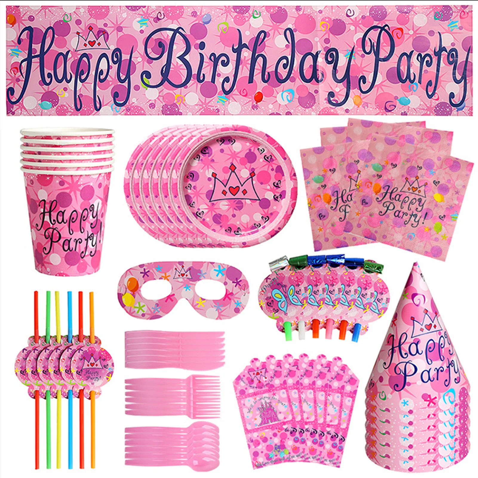 

Birthday Decoration Set Party Tableware Kit 71Pcs Included Banner Plates Cups Napkins Cutlery Straws Happy Birthday Decorations