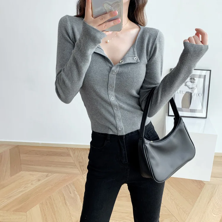 

Spring Thin Fabric Grey Color Women Crop Tops Full Sleeves BUttons Y2k 80'S Hip Hop Streetwear Lady Tees T-Shirts