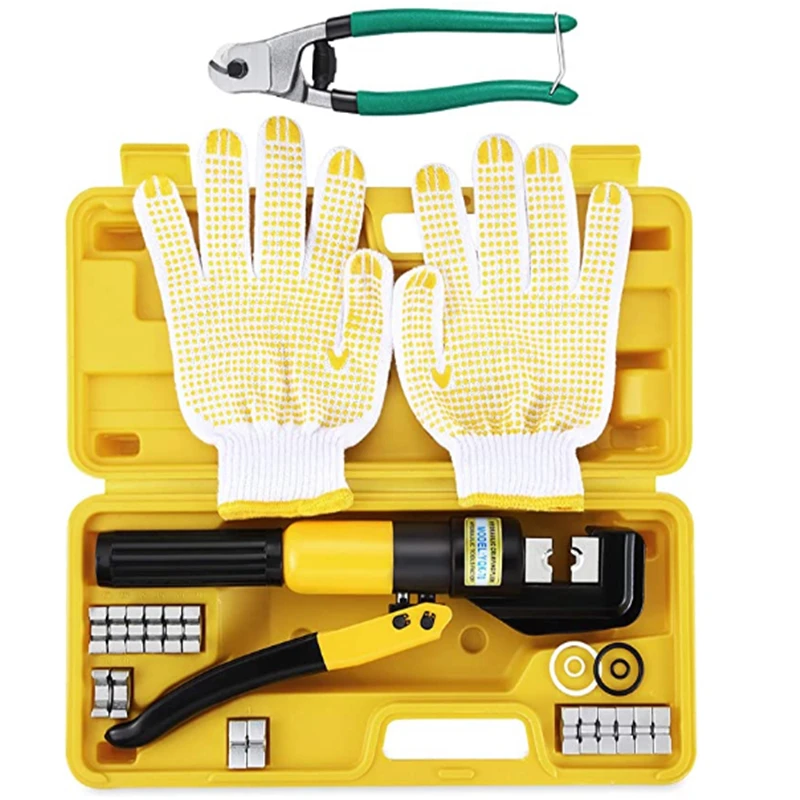 

10T Hydraulic Crimper Tool Kit 4-70MM Tube Terminals Lugs Battery Wire Crimping Force YQK-70 Hydraulic Pliers Gloves for 1/8