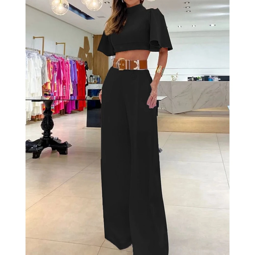 Women Summer Fashion O-neck Flying Sleeve Cisscross Backless Short Top & Wide Leg Pant Sets Casual Two Pieces Set Hip Hop Sets