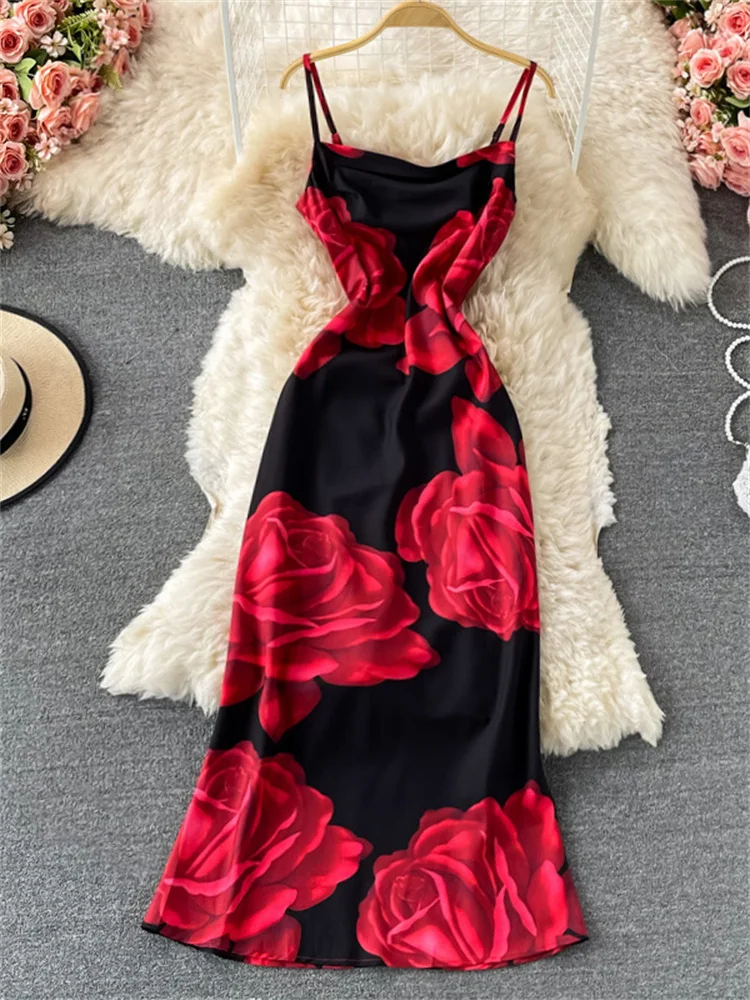 

2022 New Vintage Rose Print Swing Neck Sling Long Dress Women's Summer Romantic Waist Temperament Goddess Fishtail Bag Hip Dress