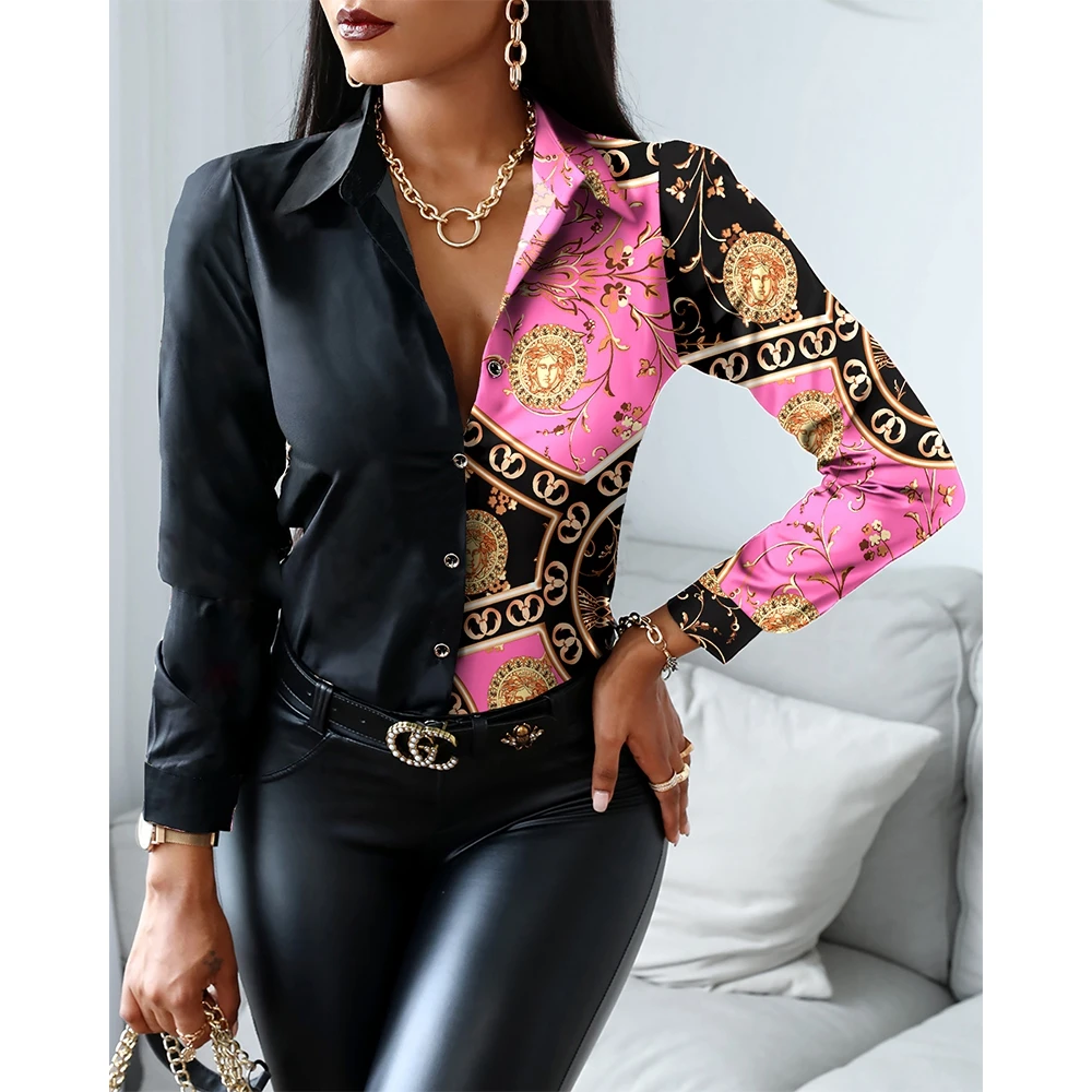 

Женская Офисная рубашка на пуговицах, Элегантная блузка составного кроя с отложным воротником и цветными блоками, одежда для весны и осени, 2022