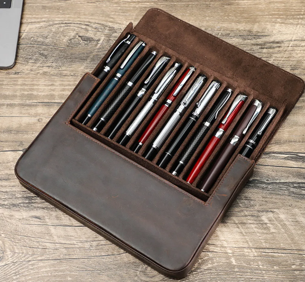 Crazy Horse Cow Leather Pen Bag For 12pcs Pens Handmade Magnetic Student Storage Pen Case For Travel