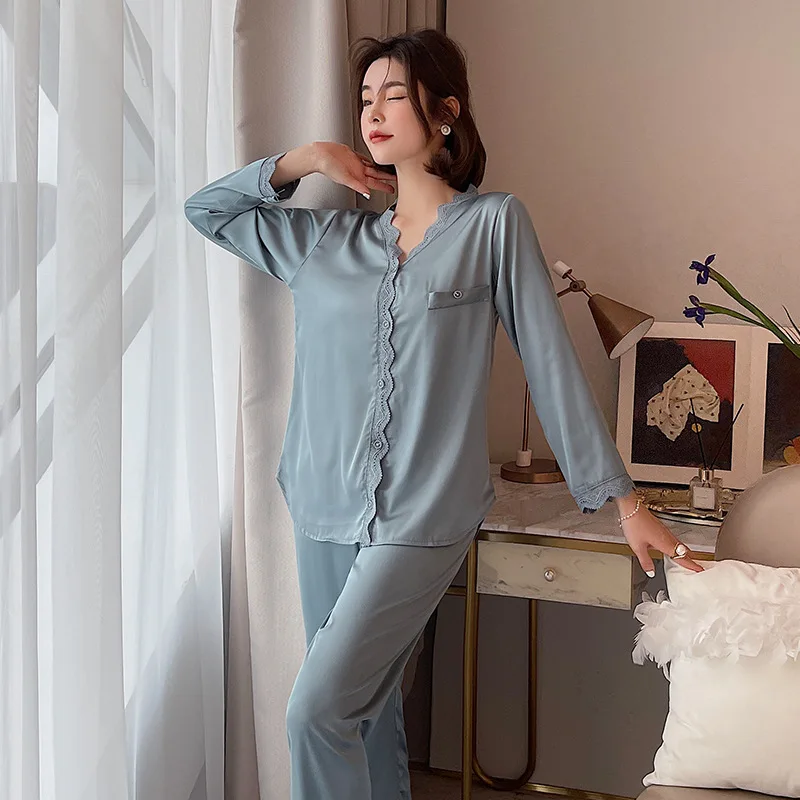 New Spring Summer Pajamas Lace Sexy Simulation Silk Pajama Female Casual Comfortable Sweet Home Wear Two-piece Suits