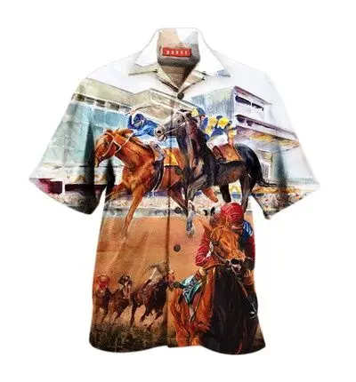 

2022 Summer Men's Hawaiian Shirts Race Short Sleeve Horse Pattern 3d Print Button Casual Shirt For Men Cool Hip Hop Top Shirts