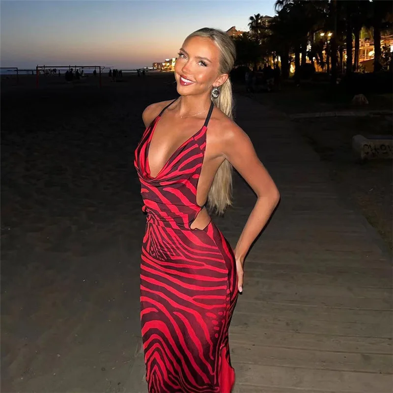 

Новинка лета 2023, женское модное сексуальное платье в полоску с лямкой на шее и открытой спиной, длинные платья в стиле бохо для девушек, женс...