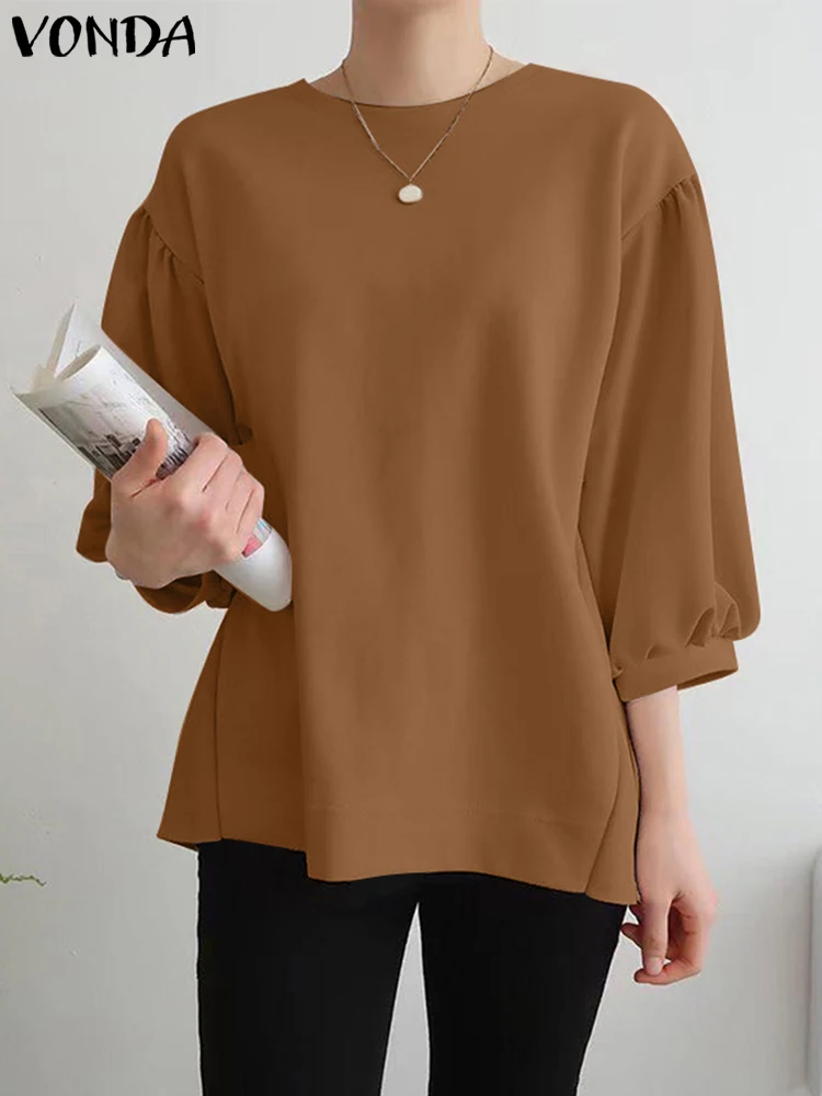 

VONDA Summer Women Blouses 2023 Solid Color 3/4 Sleeve Casual Elegant Shirts Fashion Tunic Tops Loose Blusas Femininas Oversized