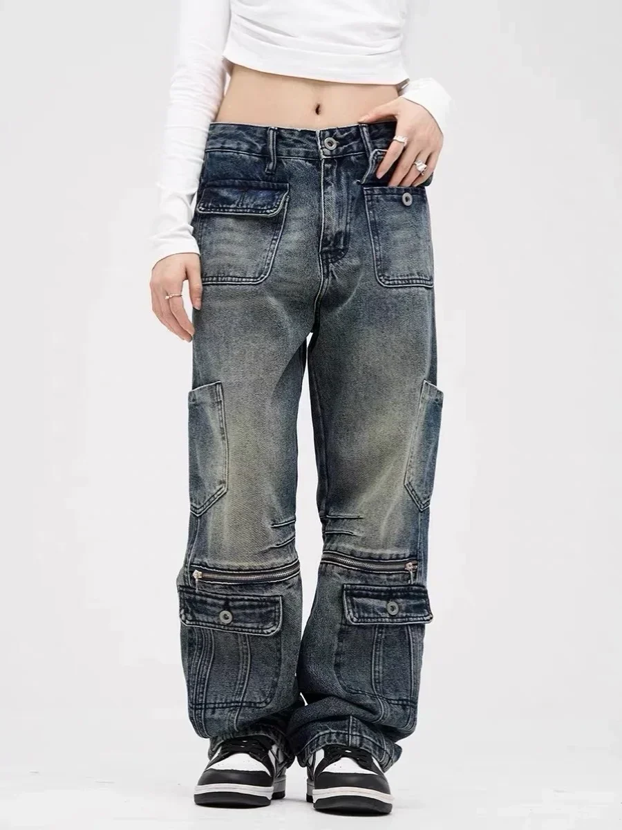 niebieskie jeansy damskie 2024 модные винтажные уличные брюки в стилі хіп-хоп широкие прямые