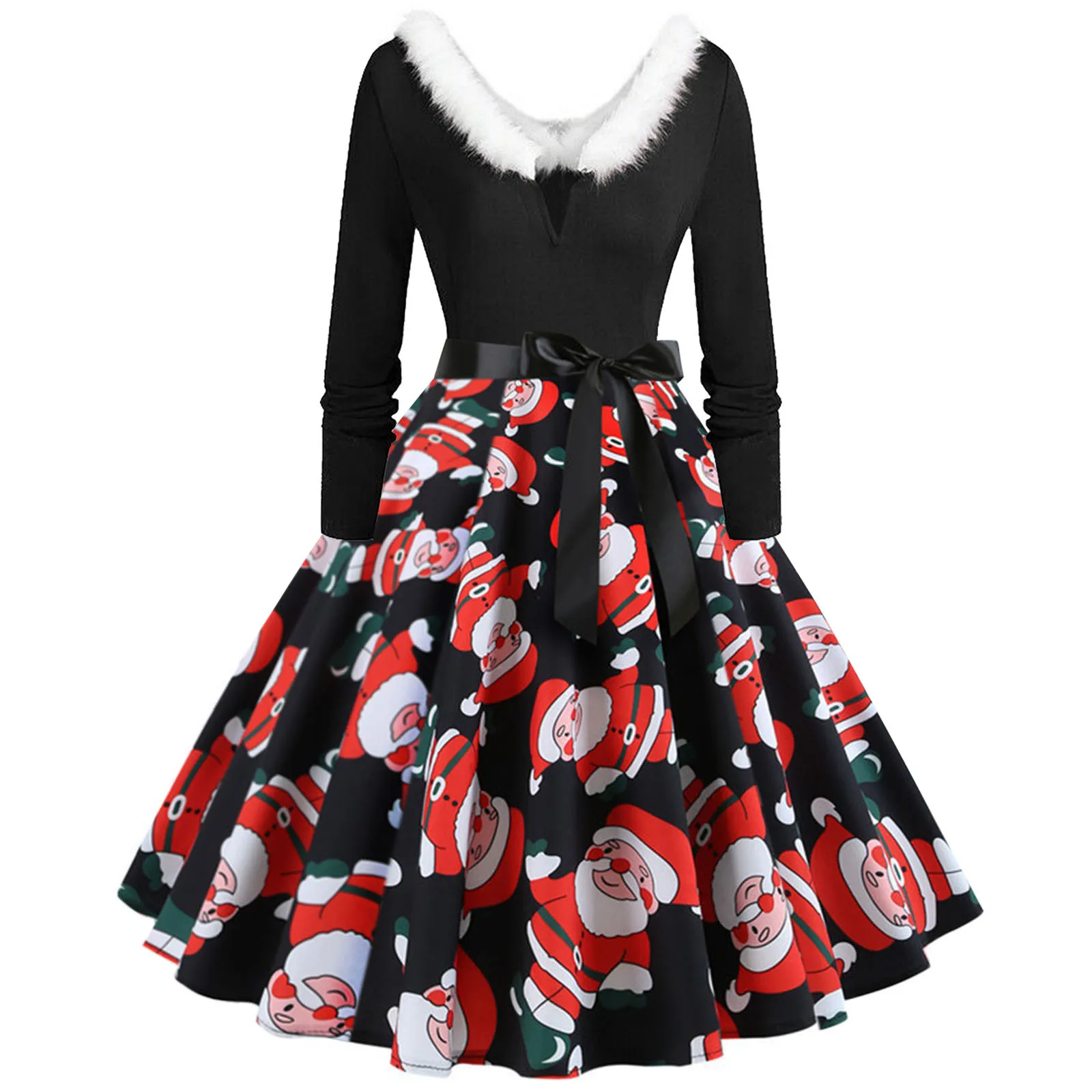 

Women's Casual Vintage Prom Dress Long Sleeve Santa Printed Faux-h Deep V Neck Oversized Party Swing Clothes Women Dresses