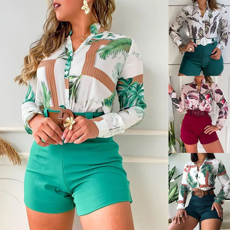 Fashion Leisure Long Sleeve Top&short Suit Printed Stand Collar Shirt Shorts Two-piece Suit