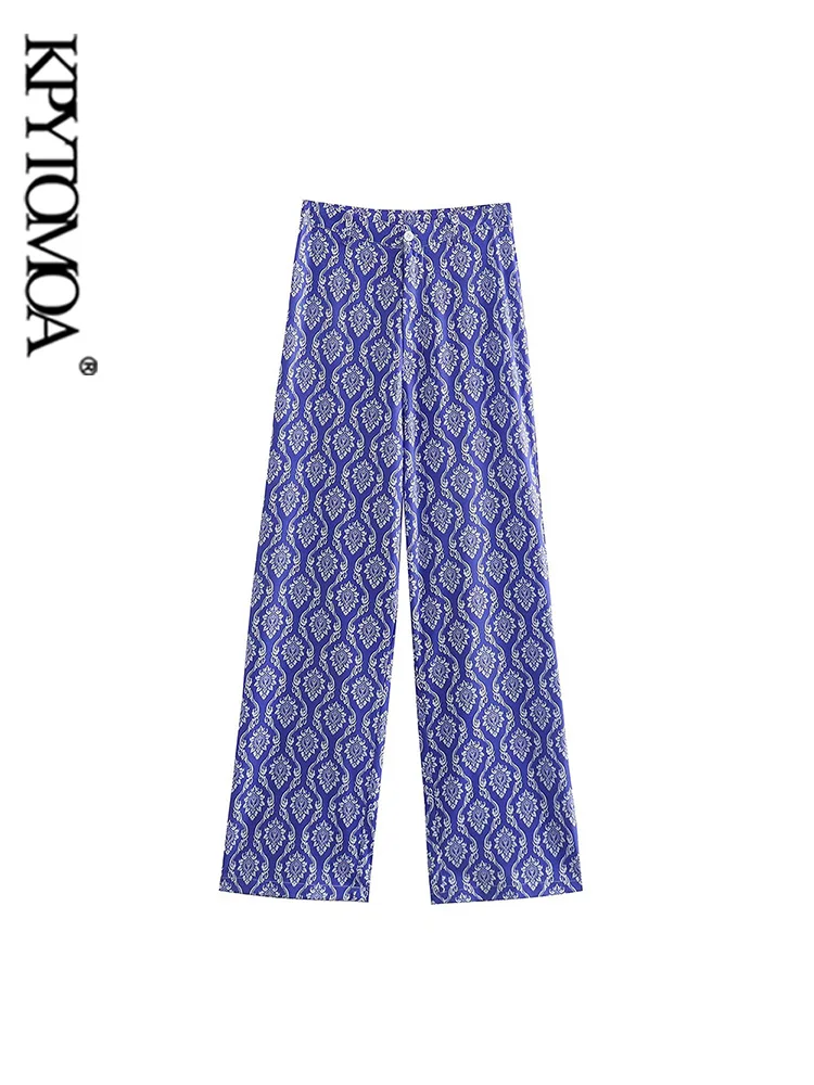 

KPYTOMOA Women Fashion Front Patch Pockets Printed Straight Pants Vintage High Waist Button Fly Female Trousers Mujer