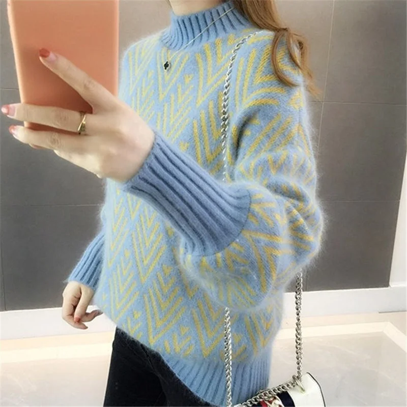 

Winter Autumn Fashion Half High Collar Patchwork Knitted Sweater Women Loose Lantern Sleeve Pullover Short Knitting Tops Female