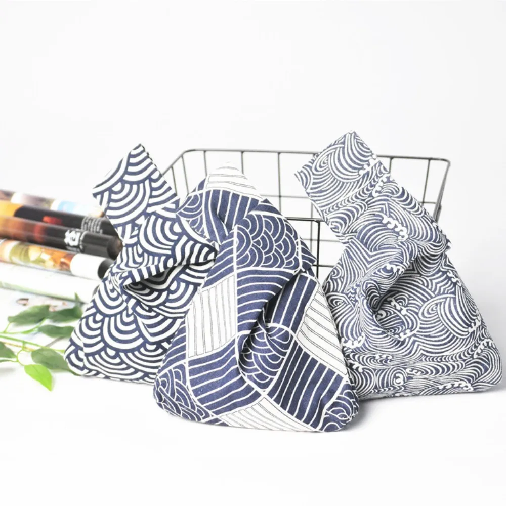 

Cotton Linen Wrist Bag Portable Wave Pattern Handheld Handbag Knot Phone Key Pouch Women