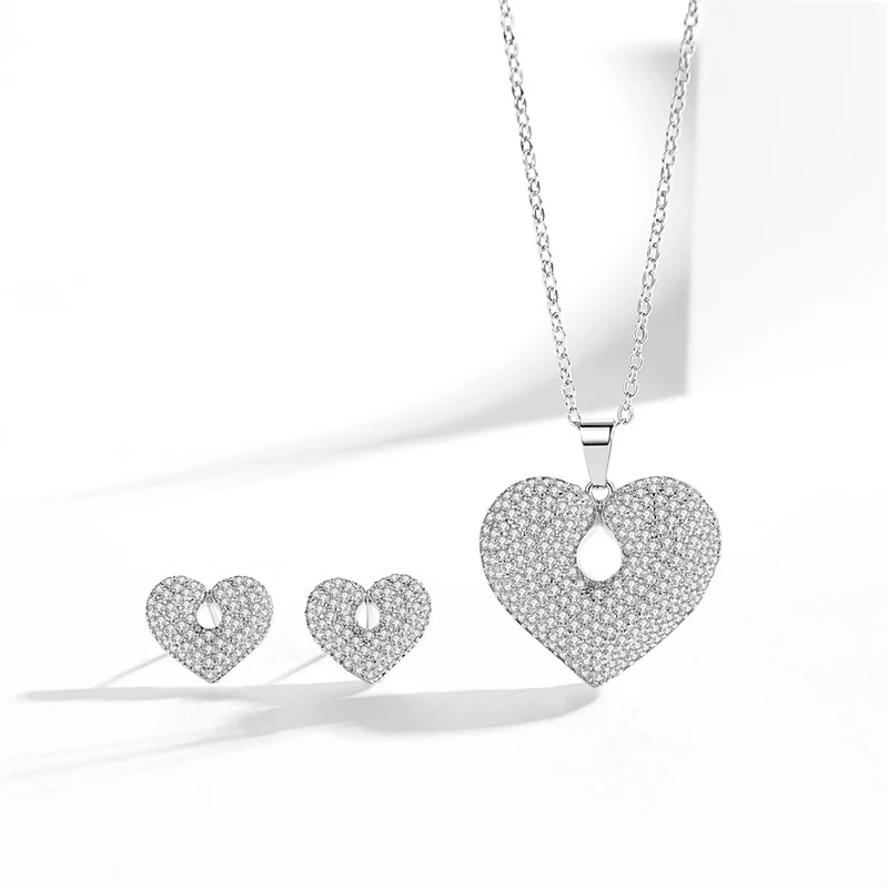 Фото Full Inlaid Zircon Openwork Heart Pendant Necklaces Earrings Jewelry Sets for Women Anniversary Gifts Party Accessories №2