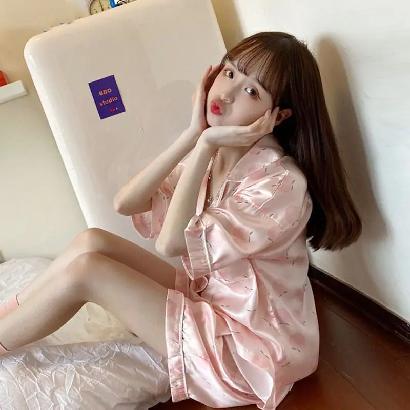 

Peach Print Women Pajamas Shorts Sleepwear Set Korean Short Sleeve Pijama Summer Night Wear Home Clothes Suit Button Loungewear