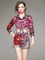 summer runway long sleeve leopard print blouse and shorts suits fashion lady holiday matching sets vintage casual 2 piece outfit