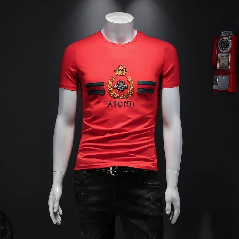 

Футболка мужская приталенная с коротким вырезом, брендовая рубашка из мерсеризованного хлопка с рукавом до локтя, топ с принтом, лето