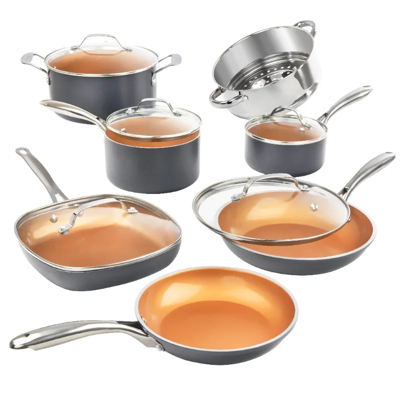 

Gotham Steel Diamond 12 Piece Cookware Set, Non-Stick Copper Coating, Includes Skillets, Frying Pans and Stock Pots Dishwasher