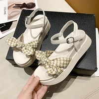 size 35 40 womens shoes spring 2022 colors block bow tie high heels sandalias mujer square buckle open toe muffins flip sandal