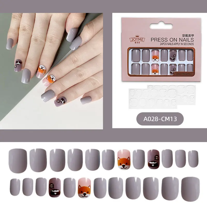 

Free Shipping 24 PCS/box Cute Animal Detachable False Nail Tip Light Gray Can Wear False Nails Art Full Set of False Nails Tools