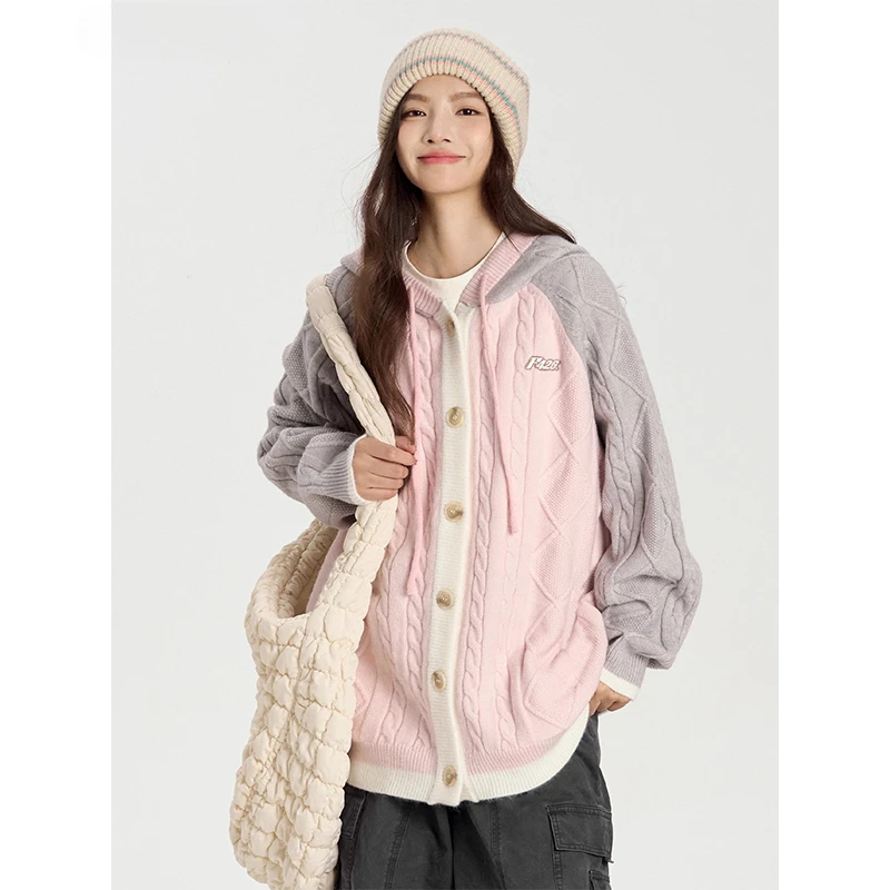 MiiiiX повседневная лоскутная вязаная толстовка с капюшоном женский свитер осень