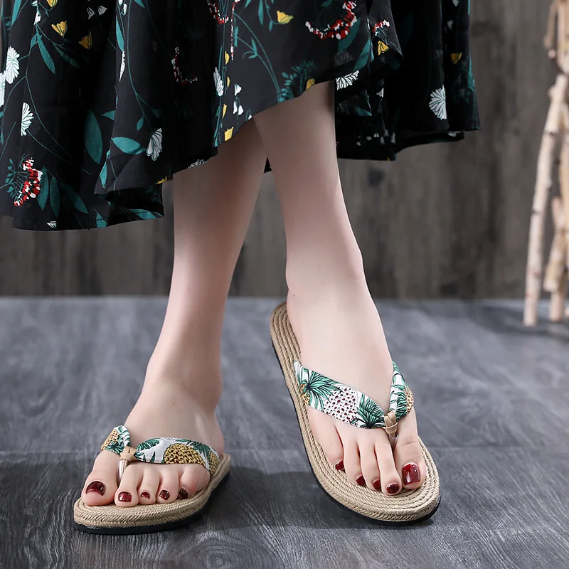 

Fashion hemp rope sandals travel espadrille women sandals flip flops flat bottom beach flat heel clip-on women's slippers