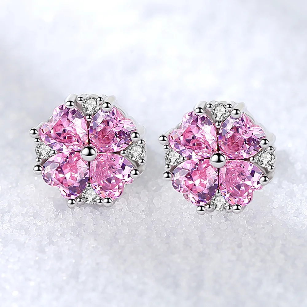 

Lucky Leaf Clover Earrings Pink Heart Crystal Zircon Flower Stud Earrings For Women Earing Jewelry Earings Earring Kolczyki CF2