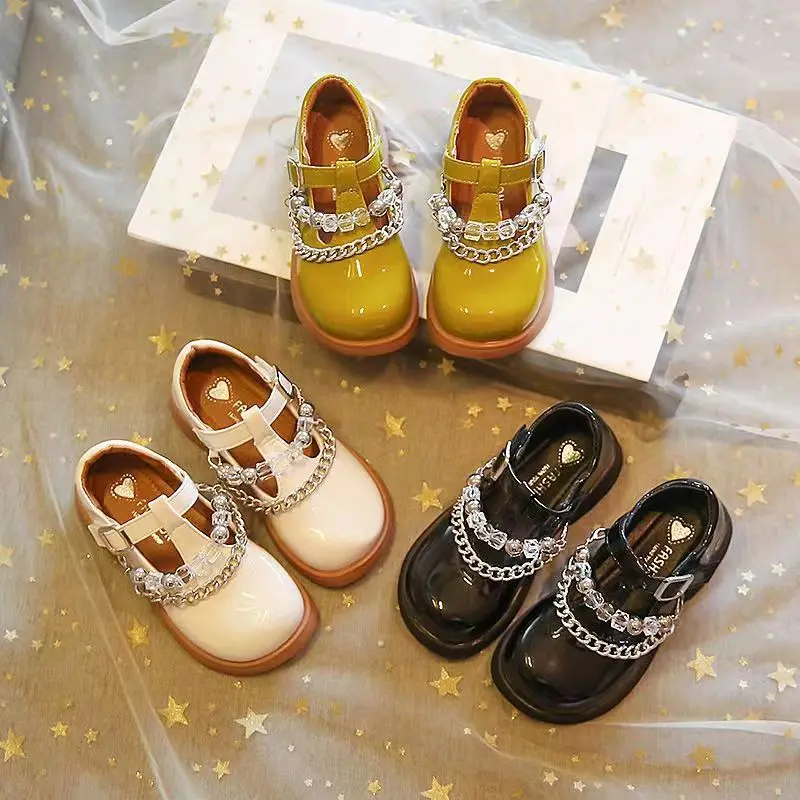 Girls' Leather Shoes New Spring and Autumn Children's Fashion Diamond Chain Princess Shoes Girls' Versatile Small Leather Shoes