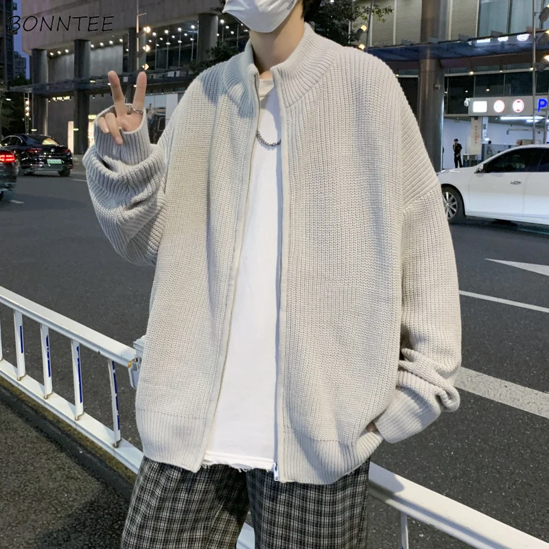 

Sweater Gray Cardigan Men Daily Mandarin Collar Design Zipper Fashion Korean Style Ins Students All-match Simple Loose Knitting
