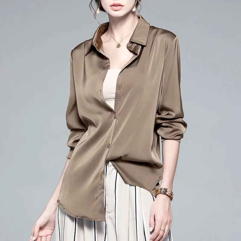 

Autumn Long Sleeved Blouses for Women Temperament All-Match White Chiffon Shirts Loose Casual Shirt Satin Top Elegant Ladies