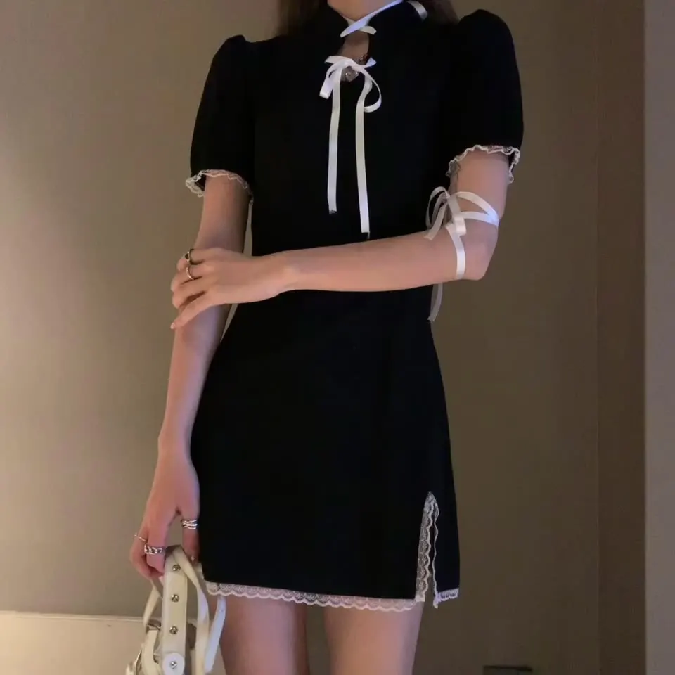 

Vintage Dress for Women 2023 Vestidos De Mujer Stand Neck Short Sleeve Lace Up Black Temperament Robe Split Bodycon Mini Dresses